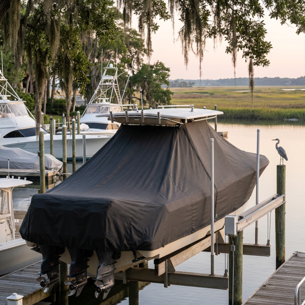 Covered powerboat on a lift at a marina, with a heron perched on a piling beside calm water and marsh in the distance.