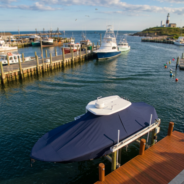 Blue-covered boat docked at a wooden pier; calm harbor with other boats and a lighthouse on the distant hill in the background.