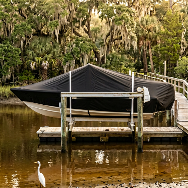 Boat covered with a black tarp docked at a wooden dock, with a white heron wading in the muddy shoreline nearby, and lush trees in the background