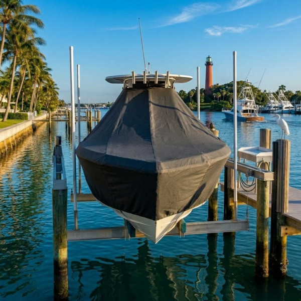 Boat covered with a black tarp on a boat lift at a marina, turquoise water, and a red lighthouse in the background under a clear blue sky.