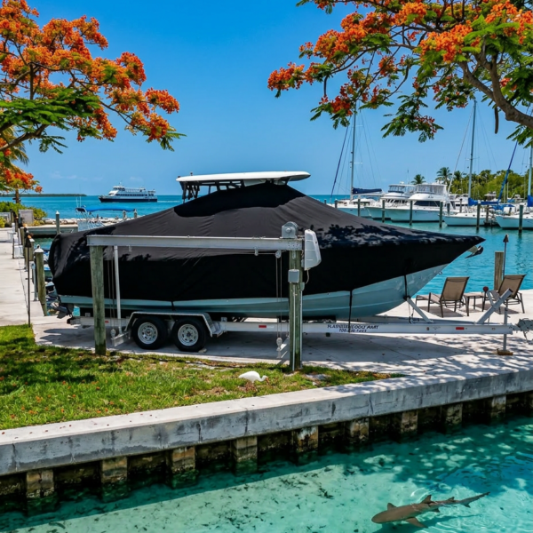 Boat on a trailer covered with a black tarp sits at a dock along turquoise water, orange flowering trees overhead.