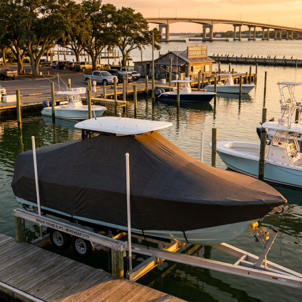 A sunset view of a marina with a docked boat under a black cover on a trailer, calm water and distant bridge in the background