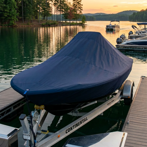 Boat on a trailer at a wooden dock by a calm lake at sunset, covered with a blue canvas cover.