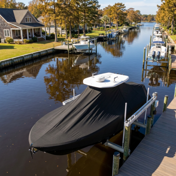 Covered boat docked at a wooden pier along a calm canal with houses and fall-colored trees nearby.