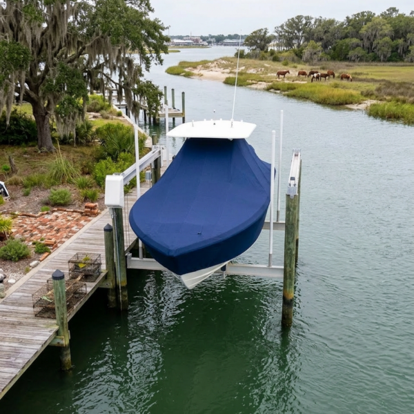 Blue-covered boat on a lift at a wooden dock along a calm waterway with trees and distant horses on the marsh.