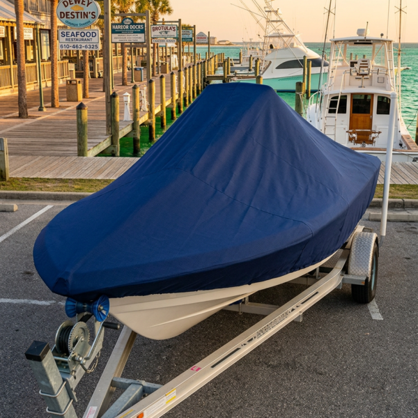 Blue-covered boat on a trailer parked near a marina with docked boats in the background on a warm day.