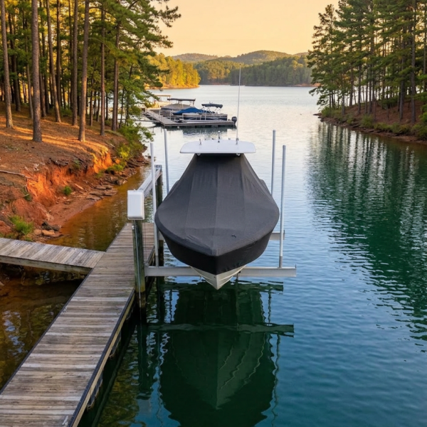 Boat on a lift at a wooden dock on a calm lake, surrounded by pine trees at sunset, with reflections in the water.