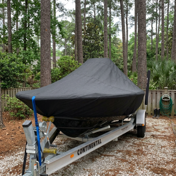 Scout 160 Sportfish center console boat cover in Charcoal Sunbrella fabric on trailer at Hilton Head Island, South Carolina