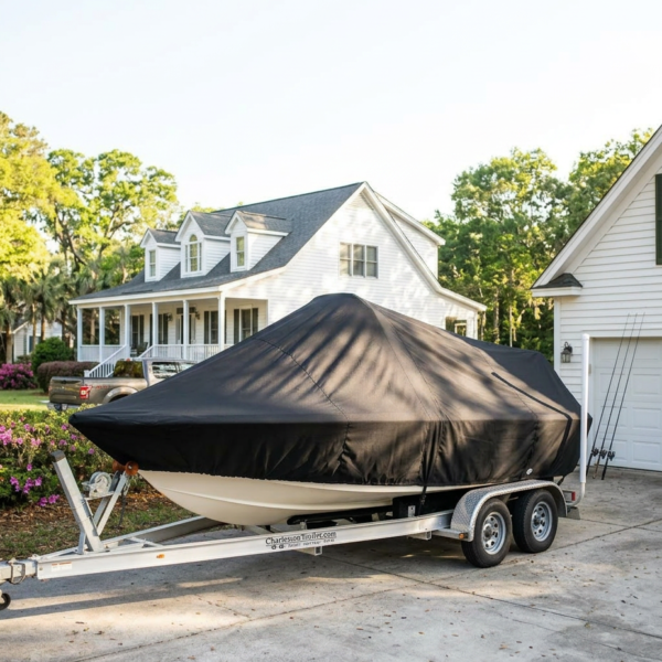 Boat on a trailer covered with a black protective cover in a driveway beside a white house with green trees in the background.