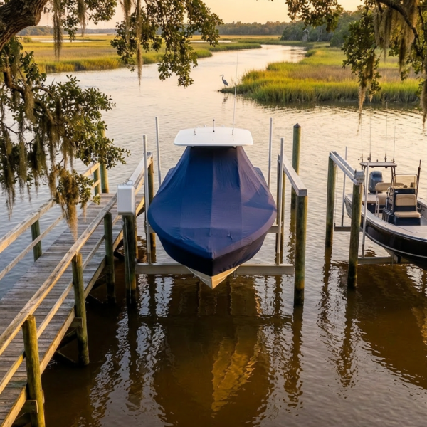 Scout 277 Dorado T-Top boat cover in Navy Sunbrella fabric on dock lift at Summerville, South Carolina