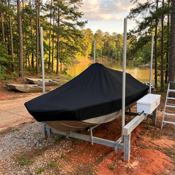 Boat on a trailer covered with a black tarp, by a lakeside surrounded by pine trees.