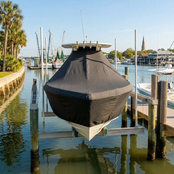 Covered motorboat on a lift at a marina, reflected in calm water with palm trees on the left and other boats in the background.