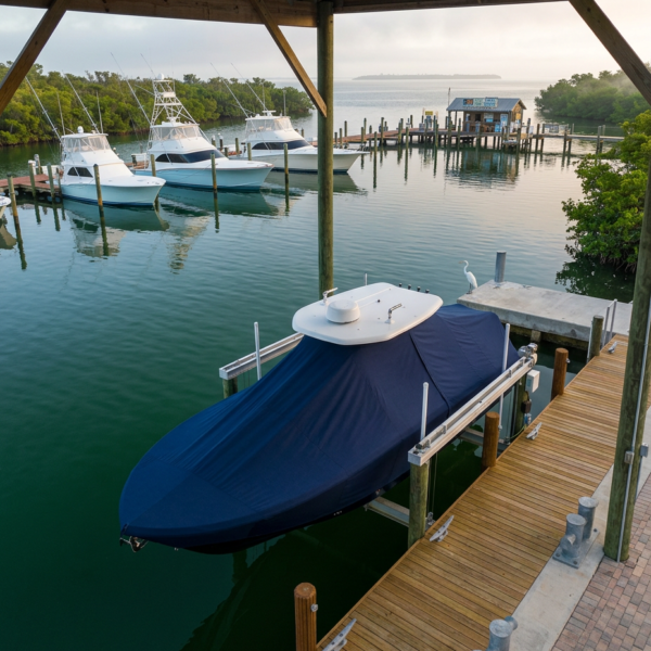 Boats docked at a covered marina with a blue-covered boat tied to a wooden pier. A small building sits at the end of the dock.