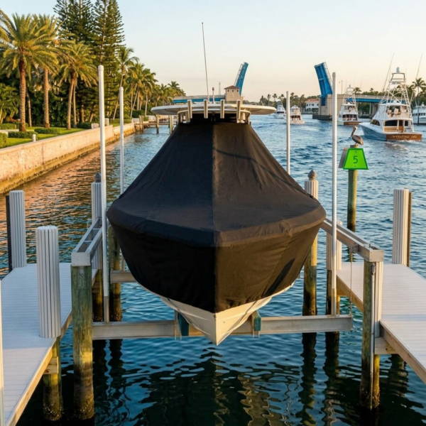 Boat resting on a lift at a marina, covered with a black protective tarp, with docks and palm trees nearby.