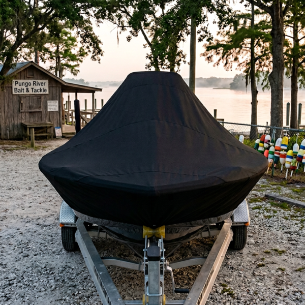 Boat on a trailer covered with a black tarp at a gravel lot by a waterway, with colorful buoys to the right and a bait shop sign in the background