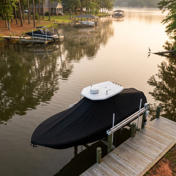 Covered speedboat tied to a wooden dock on a calm lake at dawn, with trees and cottages in the background.