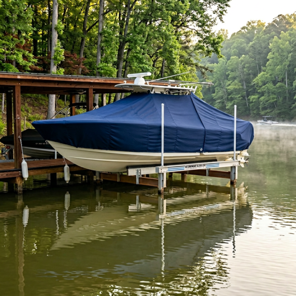 Blue-covered motorboat moored to a wooden dock on a calm lake with green forest in the background, reflections visible in the water.