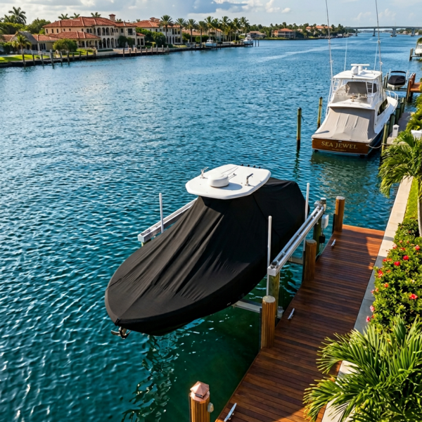 Calm canal scene with a covered boat on a lift at a wooden dock, turquoise water and palm-lined waterfront homes in the background.