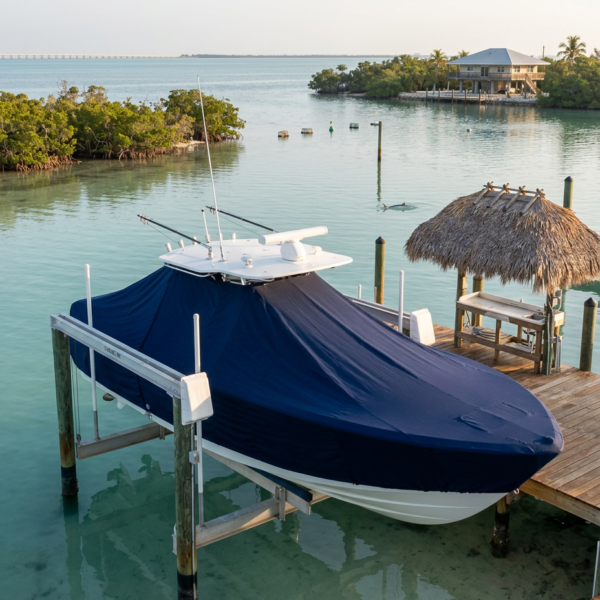 Power boat docked on a wooden pier, covered with a dark blue tarp, in clear turquoise water near a thatched hut.