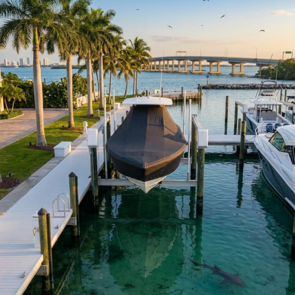 Marina scene with a covered speedboat on a lift, palm trees along a walkway, and a distant bridge over turquoise water; a shark is visible underwater hold