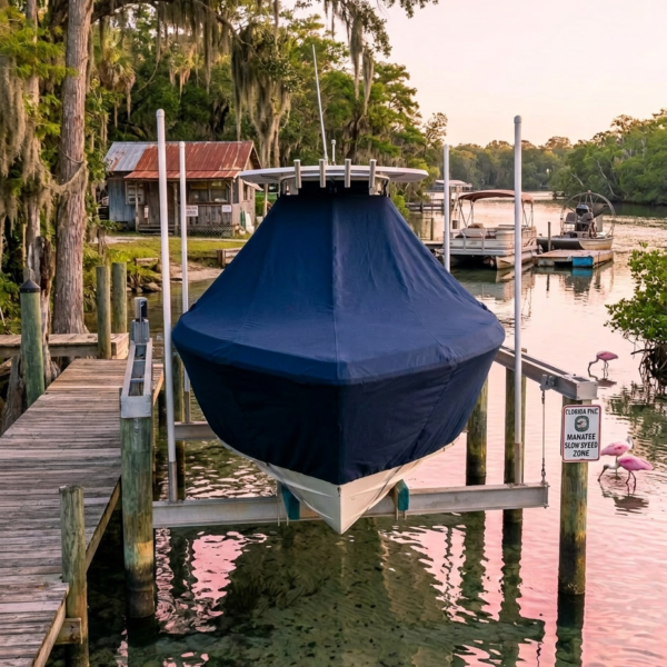 Covered blue boat on a lift at a dock with mangroves and pink evening water.