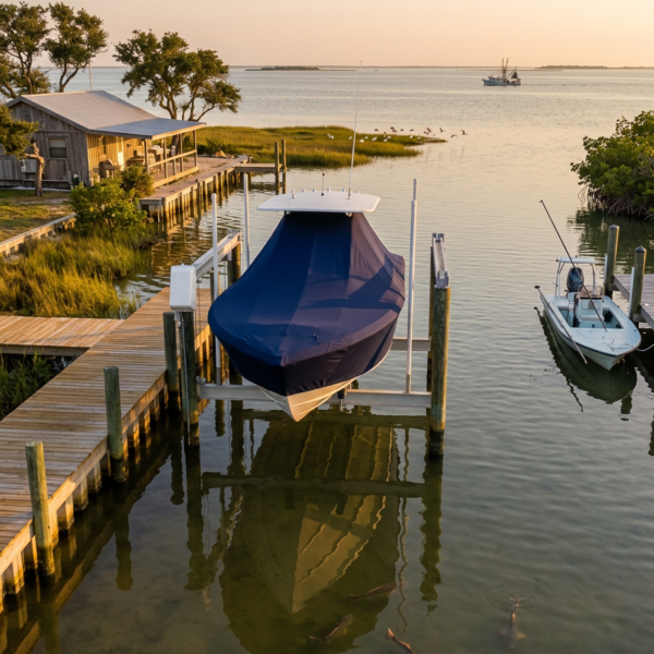 Boat on a lift at a wooden dock during sunset, calm water and a small shed to the left with trees nearby.