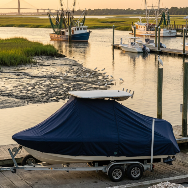 Blue-covered boat on a dual-axle trailer parked on a dock at sunset, with calm water and marshland in the background.