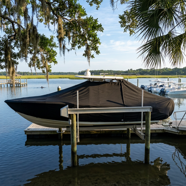 Covered boat on a dock by calm water with trees and palm fronds in the background, marina scenery.