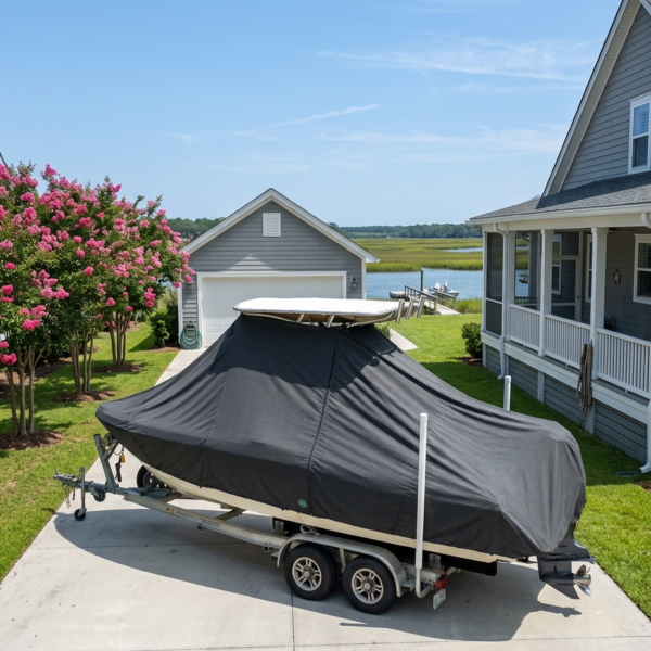 Sportsman Heritage 321 T-Top boat cover in Charcoal Sunbrella fabric on trailer at Summerville, South Carolina