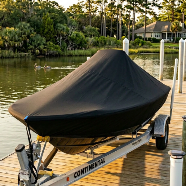 Boat on a trailer covered with a black tarp, parked on a wooden dock by calm water with trees and houses in the background (paddle/boat cover visible).