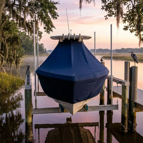 Blue-covered boat on a wooden dock at sunset, calm water reflecting the vessel and surrounding trees with a heron perched on a post nearby.