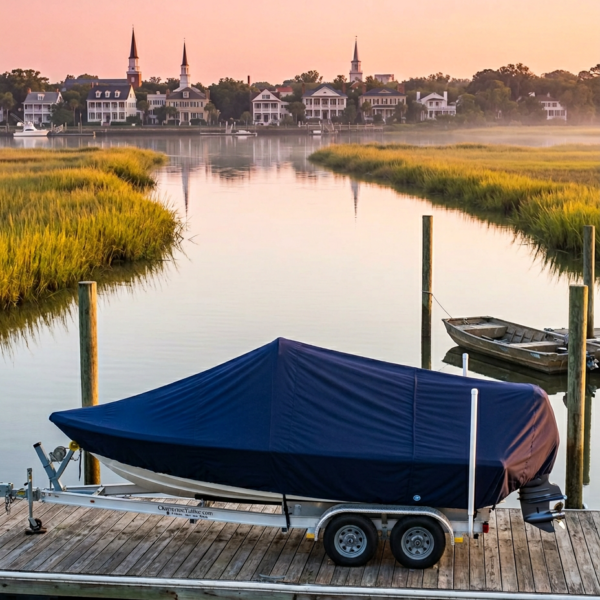 Boat on a trailer with a blue cover on a wooden dock at sunset, marsh grass and houses across the calm water.