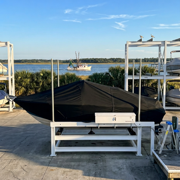 Boat covered with black canvas on a white rack at a marina, nearby dock and ladder visible, with water and distant boat in the background.
