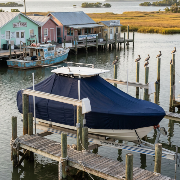 Docked boat under a blue cover on a wooden marina beside pastel bait shop buildings; pelicans perch on posts along the water.