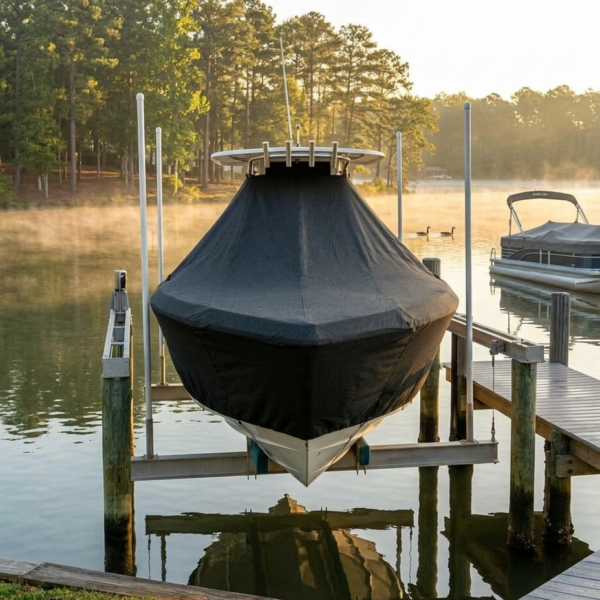 A covered boat on a lift at a calm lakeside dock, with mist over the water and pine trees in the background.