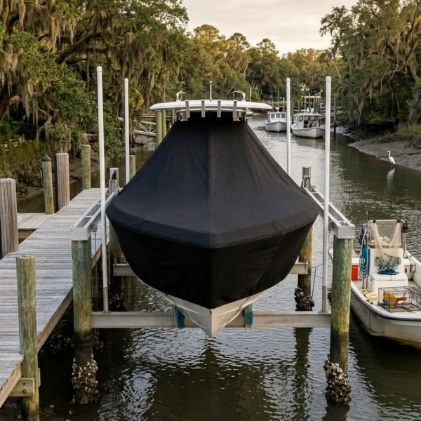 Covered boat on a lift at a wooden dock along a calm canal, with marshy trees in the background.