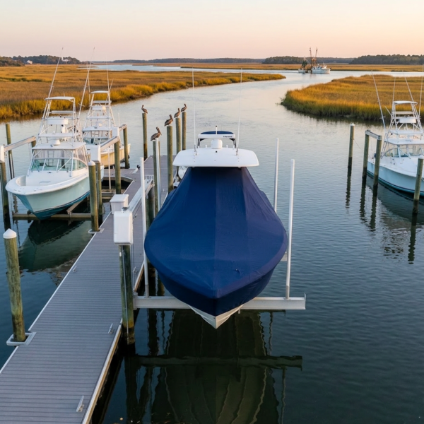 Blue boat covered with tarp docked at a marina, calm water and marshland in the background at sunset.