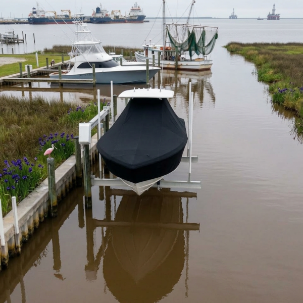 Small black-covered boat on a lifting dock at a calm marina with other boats in the background and distant ships on the water.
