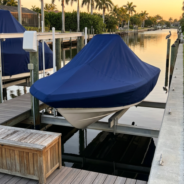 Boat on a lift docked at a canal, covered in blue canvas with a sunset and palm trees in the background.