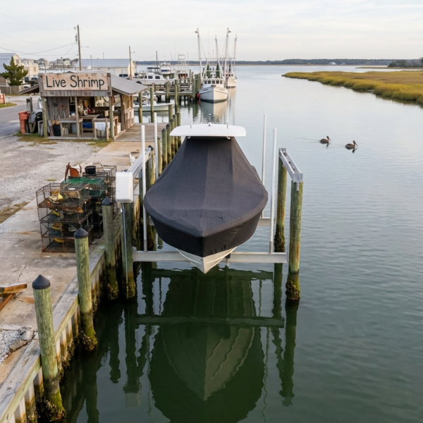 Covered speedboat on a lift at a small marina beside a 'Live Shrimp' shack, with moored boats and calm water in the background.