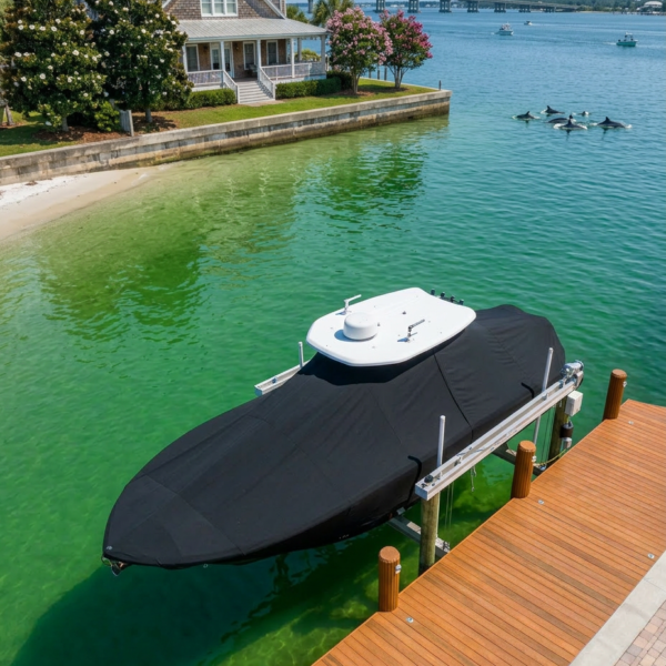 Covered speedboat on a lift at a wooden dock along a waterfront home with green-tinted water and a calm channel.