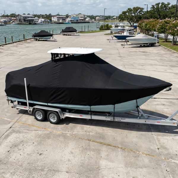 Boat on a dual-axle trailer with a black fitted cover, parked in a marina lot by the water