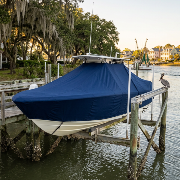Boat covered with a blue tarp on a dock by calm water, a pelican perched on the railing nearby.