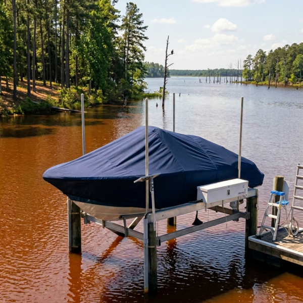 Covered boat on a lift at a wooden dock on a lake with reddish water and pine trees along the shore