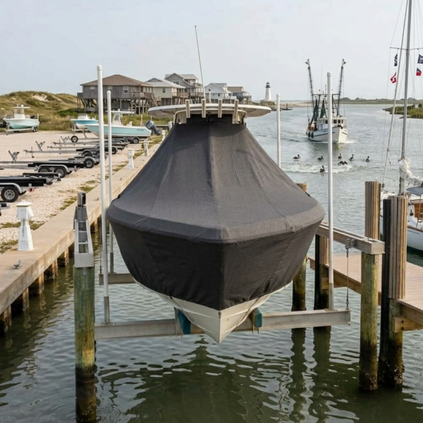 Boat covered with a black tarp, raised on a boat lift at a marina with docks and pilings nearby.
