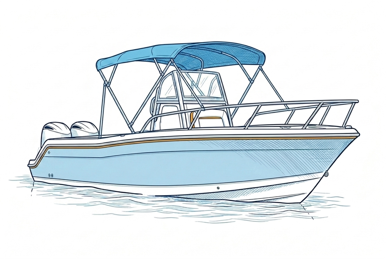 Boat with a soft canvas Bimini top
