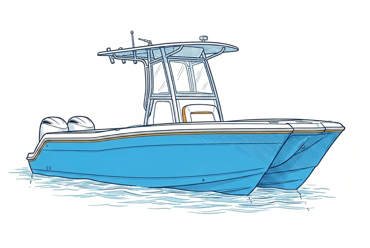 Power catamaran center console boat illustration