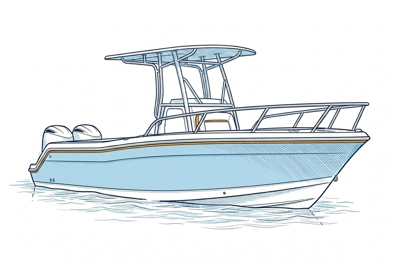 Center console boat with a hard T-top