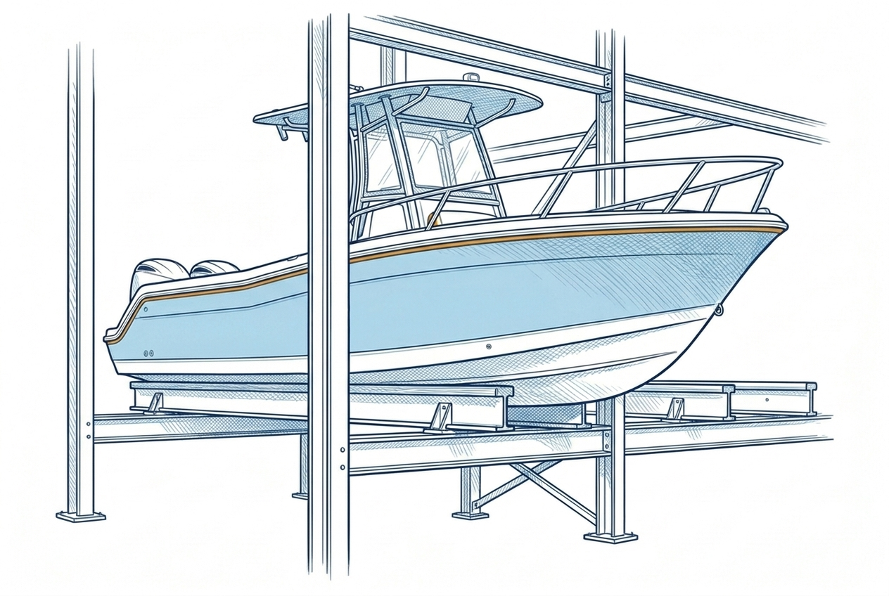 Boat in dry stack rack storage