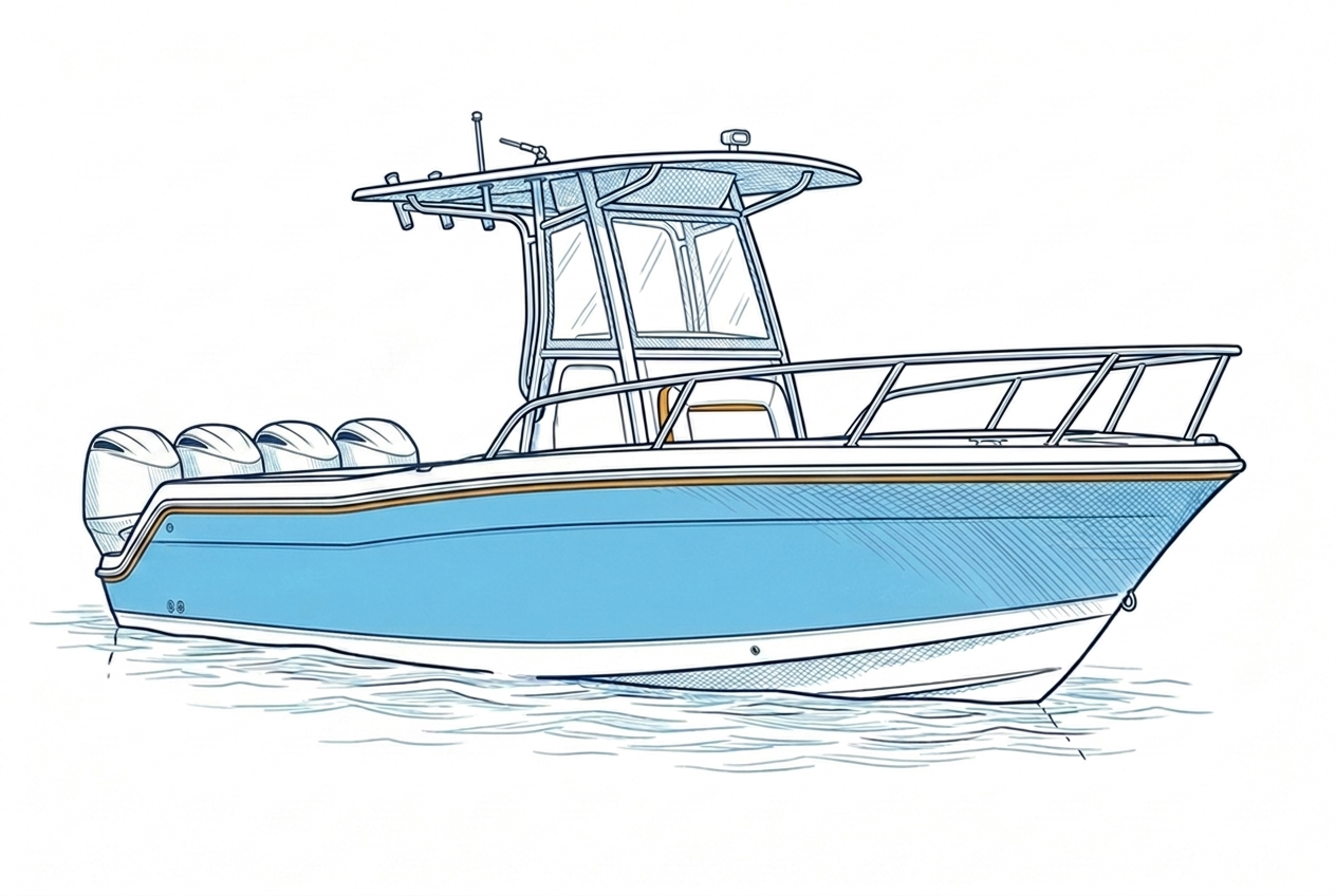 Center console boat with quad outboard motors